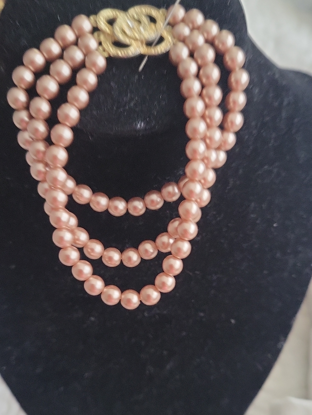 Three-Strand Rose Pink Pearl Bracelet with Gold-Tone Charm